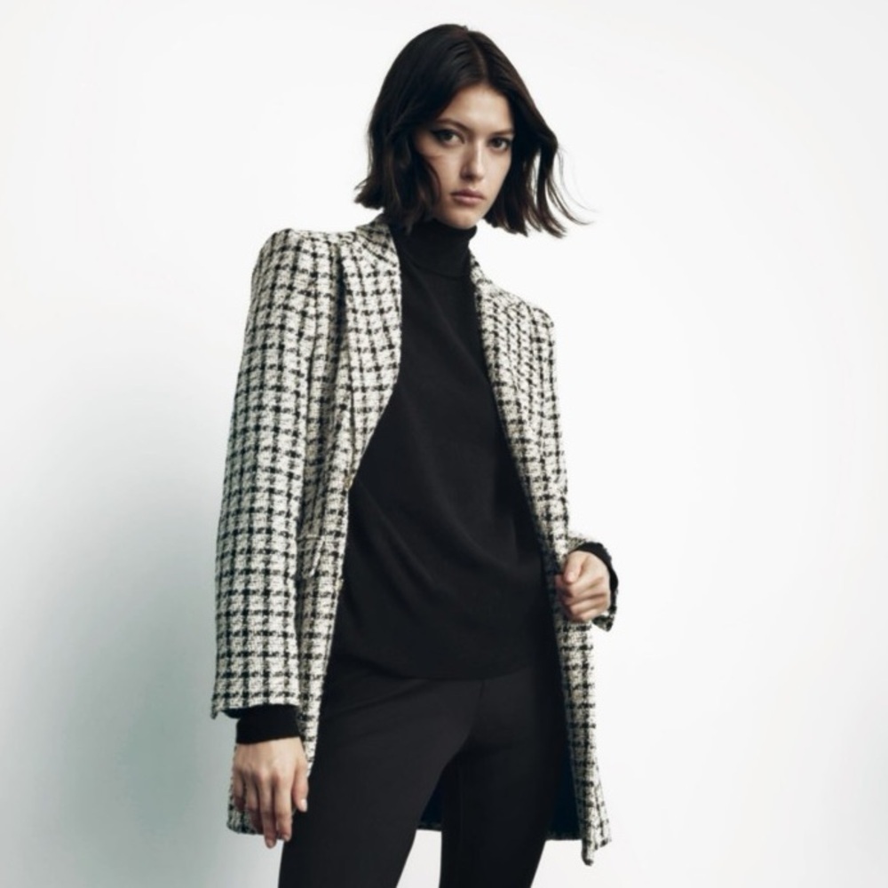 ZARA Black White Houndstooth Blazer | Longline Tailored Structured